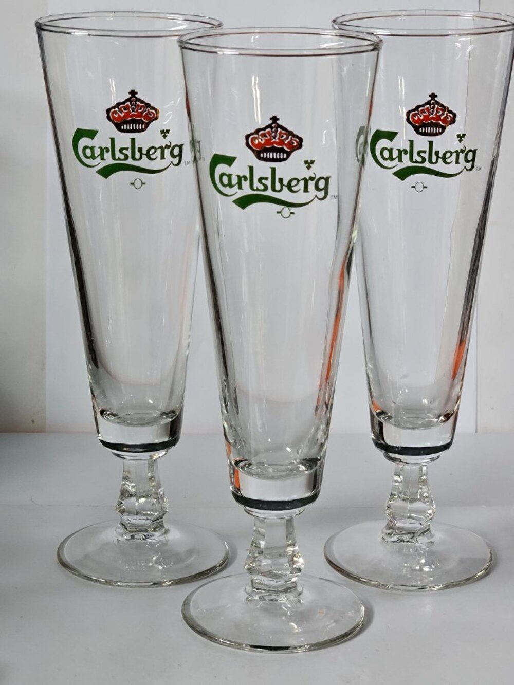 Carlsberg Pilsner Glasses Set of 3 8 1/2" Tall Stem Beer Logo Pub Barware Clear